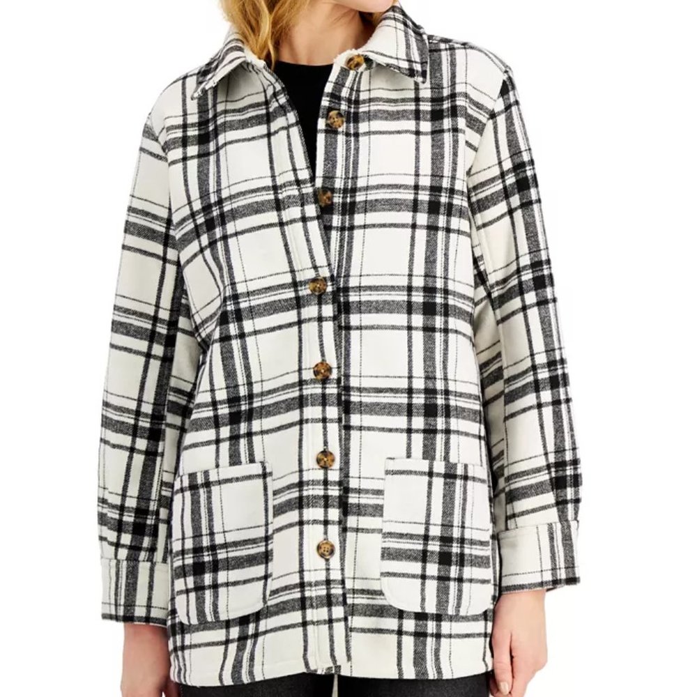 Style & Co Plaid Shirt Jacket White Size M